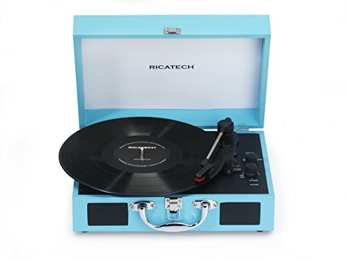 Ricatech RTT21 Tourne-disque, Tourne-disque Portatif Léger Avec des Haut-Parleurs, Trois Vitesses, Bluetooth, Prise Casque, Lecture MP3. Magnifique Valise de Lecteur de Style de Vinyle (Bleu)
