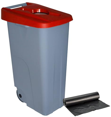 Contenedor de Residuos Reciclo 110L Rojo con Tapa Abierta y Ruedas – Plástico Resistente, Encajable, Asa Ergonómica, Ideal para Residuos Sanitarios y Colectividades | Denox