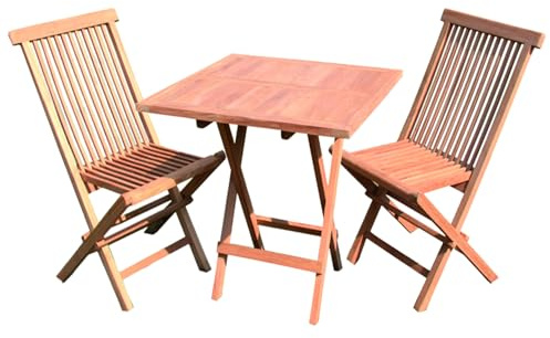 Mojawo 3-teilige Luxus Massiv Teakholz Balkon Set Teak Indoor und Outdoor 1 x Klapptisch 70x70cm + 2 x Klappstuhl aus nachhaltigem Plantagenanbau