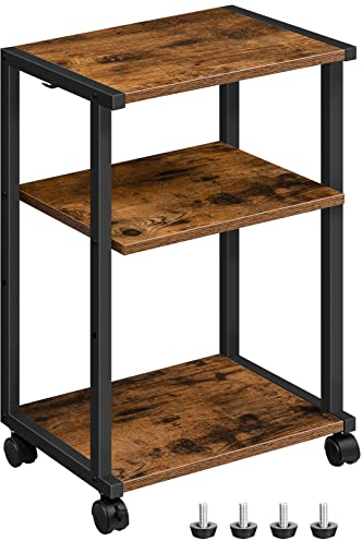 HOOBRO Druckertisch, 3-stöckiger Druckerwagen mit Rollen, Höhenverstellbar Druckerständer, mit 3 Ablagen und 2 Haken, 42 x 28 x 64 cm, für Büro, Fax, Kopierer, Scanner EBF28PS01