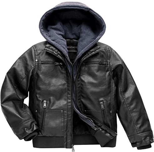 CREATMO US Boys Winter Coat Youth Faux Leather Jacket Autumn Biker Outerwear Black 10/12