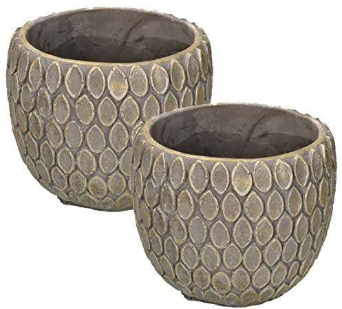 KOTARBAU® 2er Set Ton-Blumentopf Übertopf Ø 14 cm für Blumen Pflanzen Rustikal Grau Gold Blumenübertopf