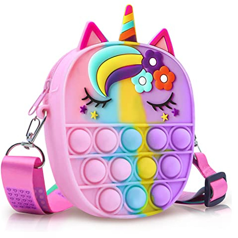 Unicorn Pop Fidget Bag, Silicone Push Bubble Fashion Rainbow Pop Purse with Adjustable Shoulder Straps (Style D)