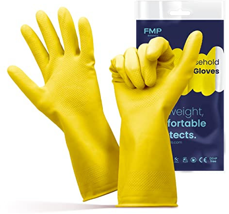 FMP Brands Guanti per lavare i piatti, guanti in gomma da 29 cm, guanti da cucina gialli, guanti lunghi per pulizia della casa, giardinaggio, protezione delle mani