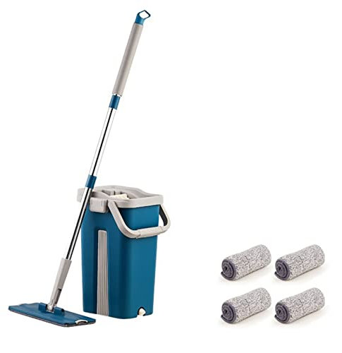 Juego de trapeador Plano y balde para Piso Trapeador de Doble Uso húmedo y seco con Sistema de Limpieza de balde Trapeador de Polvo de Microfibra Herramienta de Limpieza Perezosa S