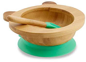 GREENBOX Bambusschalen-Set Panda I Saugnapf-Schüssel mit Löffel - FSC-zertifiziert I tolles Bambus Holz-Schüssel-Set f. Kinder - Baby-Brei-Schüssel & Müslischale I Baby Bambus-Geschirr grün