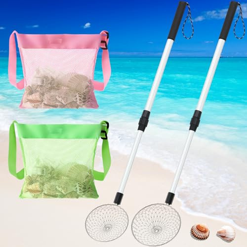 Roshtia 2 Pcs Beach Sand Sifter Scoop with 2 Shell Bags, 18.5-30 Inch Adjustable Handle Mesh Sand Digger Rock Scooper for Rock Shells Shark Tooth Beach Shelling Tools (Blue, Pink)