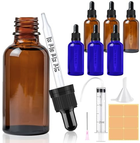 CoKeeSun 6 Stück 50ml Glasflasche mit Pipette, Wiederverwendbar Pipettenflasche, Blau und Braunglasflasche Apothekerflasche mit Trichter, Spritze, Etikett für Ätherische Öle Aromatherapie-Düfte