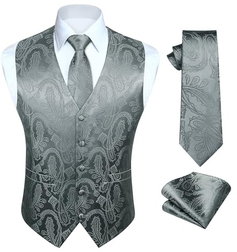 HISDERN Klassisk, blommig, paisleymönstrad jacquard-väst och slips för män, kostymväst med slip och fyrkantig ficka, XL