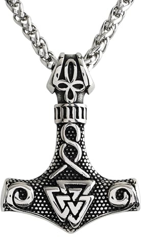 WODANICA Thors Hammer Halskette Anhänger Edelstahl Mjölnir Wikinger Nordic Viking Runen Kelten Germanen Biker (Silber)