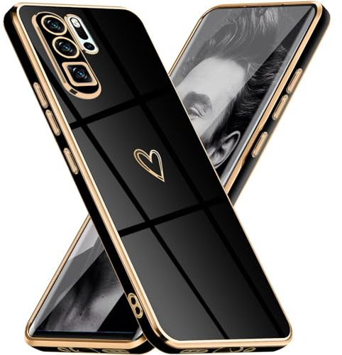 Mkej Glitzernde Handyhülle Für Huawei P30 Pro Hülle mit Kameraobjektivschutz, Herz Love Design Galvanik Stoßfeste Dünne TPU Silikon Schutzhülle für Huawei P30 Pro, Schwarz Gold