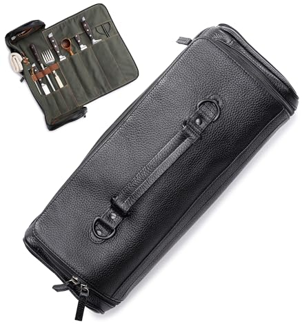 Angus Stoke Arnie Mallette en cuir de buffle XXL, sac à couteaux avec nombreux extras et rangement, sac à roulettes vintage, Noir