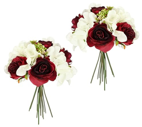 Flair Flower Künstliches Rosenbouquet mit Hortensien Rosen Strauß Kunstblumenstrauß Bouquet Seidenblumen Blumenbouquet Blumenstrauß Hortensienbouquet Kunstblumen Blumen Hochzeit, weinrot/weiß