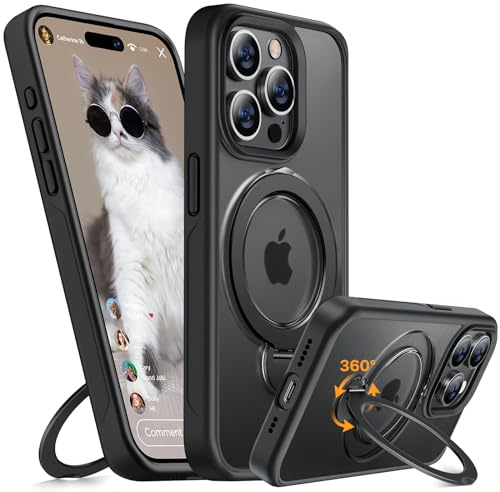 Miracase Handyhülle für iPhone 15 Pro Hülle Entwurf für MagSafe Matt Handy Hülle mit Eingebautem 360° Spin Magnetischer Ständer Schutzhülle Case 15 Pro Durchscheinende (Schwarz)