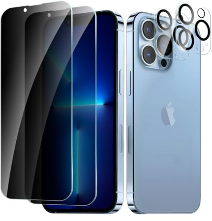 CYYAGE 2 Stück Sichtschutz Schutzfolie für iPhone 13 Pro und 2 Stück Kameraschutz, Anti-Spähen Displayschutz HD Blickschutzfolie Privacy Schutzglas Folie, 9H Härte, Kratzfest