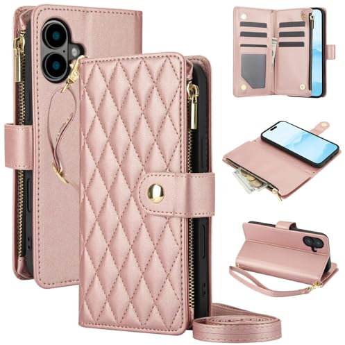 ADKOT Custodia per telefono a portafoglio in pelle con cerniera con cordino a tracolla per iPhone 15 Pro Max 14 13 Mini 12 11 XR XS 7 8 Plus SE Cover, Rosa, per iPhone 13 Mini