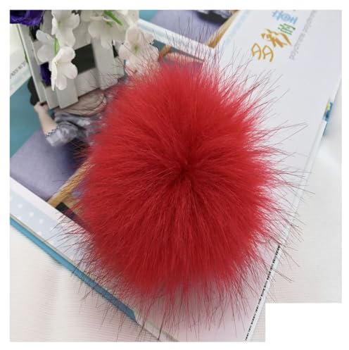 GreatRise 2 Stück 14cm Fellbommel mit Lederriemen Kunstfell Bommel Kunstpelz Pompon Faux Fuchspelz Waschbär Anhänger für Pelzschmuck Mützen Tasche Schals Kleidung Zubehör Rot 14cm