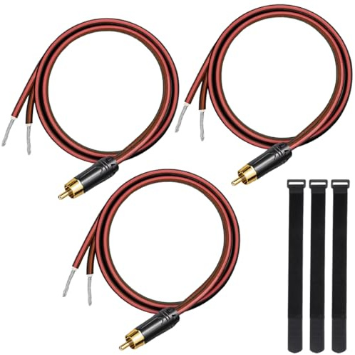 MKBKLLJY 3Pcs RCA to Bare Wire Speaker Cable 1FT 16AWG Positive Red Wire Marking Pure Copper Shell Gold Plated Plug Corrosion Resistance with Cable Ties for Direct Connect Speakers and DIY Plugs