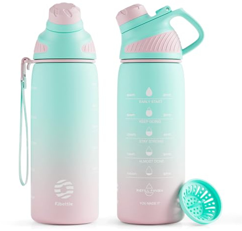Fjbottle Trinkflasche 1L/710ML + Sieb – Sport Wasserflasche mit Zeitmarkierung/Magnetdeckel - BPA-frei Plastik Flasche für Fitness, Schule, Yoga, Outdoor