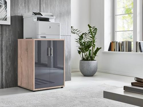 Druckerkommode TABOR Druckerschrank Druckertisch Aktenschrank 2-türig (BxHxT) 54x74x52 cm (Eiche Sonoma/anthrazit Hochglanz)
