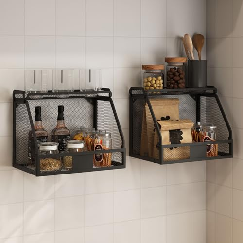 Yahbrra Obstkorb Hängend Küchen Organizer 2 Stück: fur Obst und Gemüse Aufbewahrung Faltbar Abnehmbare mit 8 Haken Fruit Basket Kitchen Storage Organisation (Schwarz, 32.5x24x27cm)