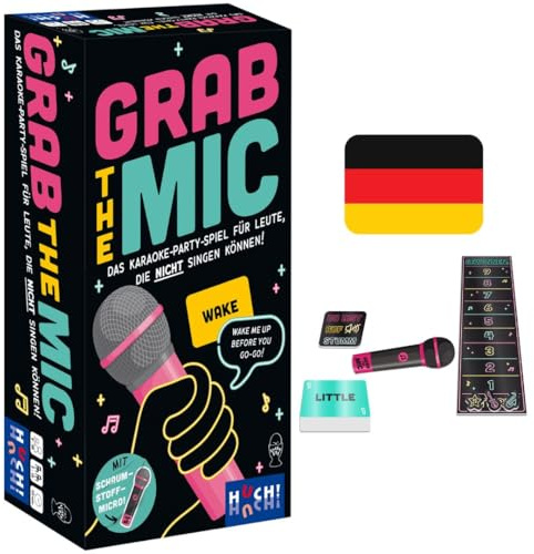 HUCH!, Grab the Mic Spiel Deutsch, Karaoke Spiel mit lustigen Songtext-Challenges, Partyspiele lustig für Familien und Freunde, Für 2-8 Spieler ab 8 Jahren