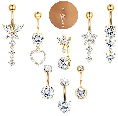 ORAZIO 8 Pcs Pendente Piercing Ombelico Acciaio Chirurgico Da Donna 10MM Anello Piercing Ombelico Oro Farfalla Cuore Zircone Piercing Ombelico Blu Rosa Da Donna