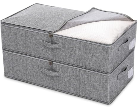LUPATDY 2 cajas de almacenamiento para debajo de la cama, caja de almacenamiento de 50 L con tapa, cómoda para debajo de la cama con 3 asas, 15 cm de alto, organizador de armario para mantas, ropa