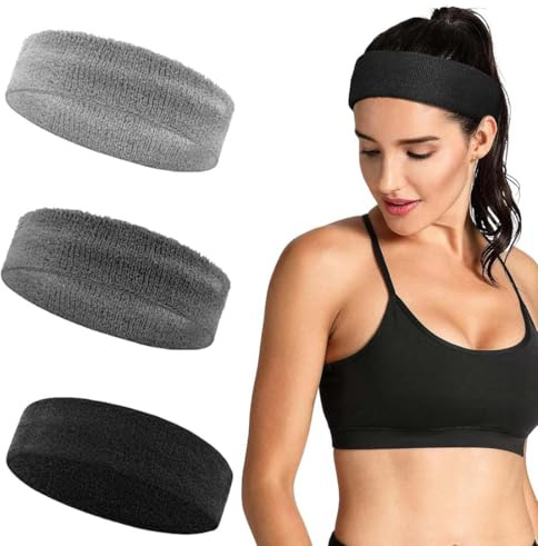 Sport Haarband 3 Packung Sport Stirnband Schweißband für Männer und Damen Elastische Haarband Non Slip Feuchtigkeit Wicking Athletische Baumwolle Kopfband für Sport (Schwarz,Grau,Dunkelgrau)