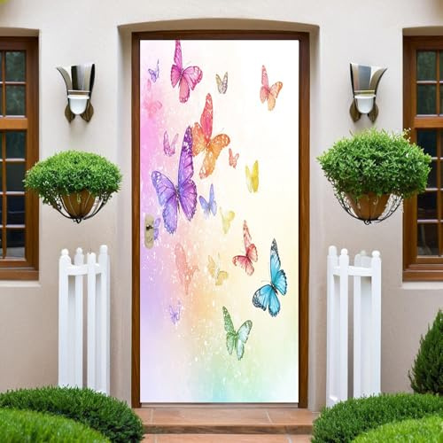 Türtapete Selbstklebend Türfolie Schmetterlings-Aquarelleffekt Türaufkleber Wandbild PVC Türtattoos Türposter Fototapete für Wohnzimmer Schlafzimmer Küche Toilette Türdeko 90x200 cm