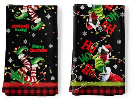 Arquiel Retro Roter Weihnachten Geschirrtücher 2 Stück, Küchentücher Dekorative 100% Baumwolle Trockentücher Saugstarke Geschenk für den Urlaub Einweihungsfeier Winter 48 cm x 70 cm