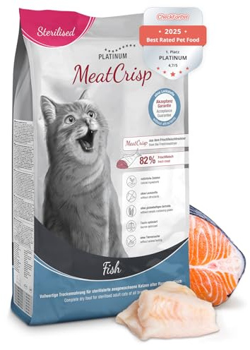 PLATINUM - Katzenfutter MeatCrisp Sterilised Fish aus dem Frischfleischtrockner - 1,5kg Katzenfutter mit 82% Frischfleisch - Trockenfutter für Katzen - Crispy Biss - reduzierter Kaloriengehalt | Knuspriges Trockenfutter aus Frischfleisch für Katzen - Taurin optimiert - kalorienreduziert - leicht verdaulich