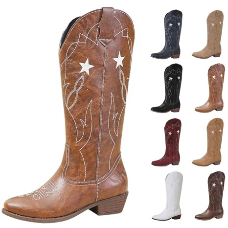 boots wide calf plus size Womens Cowboy Knee High Boots Comfortable Pull On Length Boot Fashionable Block Heel Waterproof Western Cowgirl Booties Wide Calf Country Concert Cow Boy Boot Brown 6