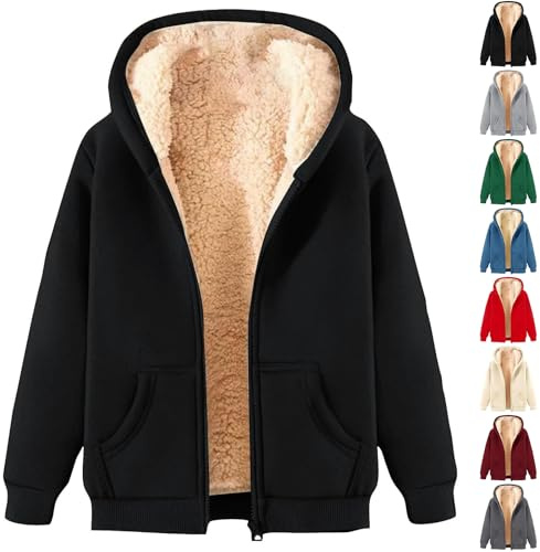 ZTFYKLIN Fleecejacke Damen Hoodie Kapuzenpullover Mit Zipper, Fleecepullover Dick Warm Basic Sweatjacke Kapuze, Winterjacke Einfarbig Hooded Reißverschluss (Black, L)