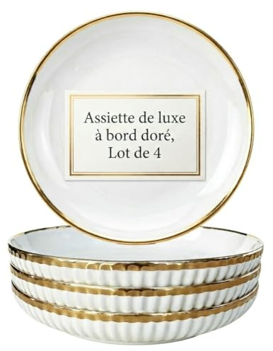 Assiettes de luxe Céramique Blanche avec Liseré Doré 21 cm Bords Hauts 3.5 cm Assiette à Dessert Creuse Plate Cannelée Scandinave Chic pour Salade Pâtes Brunch Apéro Fête, Assiette haut de gamme
