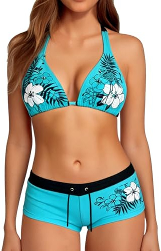 Maillot de Bain Deux Pièces Femme Motif Imprimé Haut Dos Nu Triangle et Shorty Pantalon Court avec Cordons Ajustables Ensemble Bikini Natation Plage Vacances Été Vêtement Aquatique