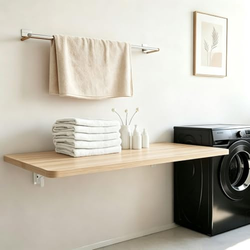 Tavolo a Ribalta da Parete in Legno, Tavolo Pieghevole a Muro con Staffe Robuste, Scrivania Pieghevole a Muro per Cucina, Balcone, Salotto, Salvaspazio Richiudibile a Sco Natural Wood 32*8“ (80*20cm)