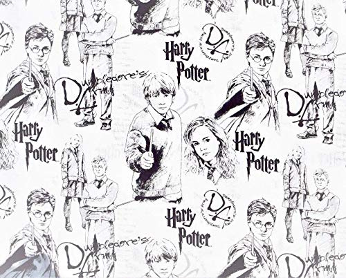 Harry PotterThe Mystery of Magic Baumwollstoff in Schwarz auf Weiß, offizielles Lizenzprodukt, ideal für Quilten, Nähen, Bastelprojekte, Überwurf, Decken und mehr, ca. 111,8 cm x 111,8 cm