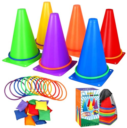 31 Stück Outdoor Spiele für Kinder, 3 in 1 Wurfspiel Kinder Outdoor Cornhole Säckchen Bean Bag Pylonen Ringwurfspiel Ring Toss Spiele für Kindergeburtstag Spiele, Gartenspiele und Kinderparty