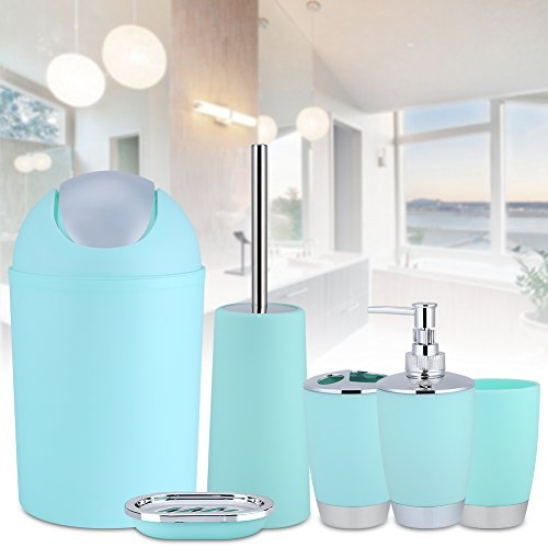 AYNEFY Set di 6 accessori da bagno, accessori da bagno, cromati con dispenser di sapone, bottiglie di lozione, bicchiere per spazzolino da denti, porta saponetta, porta saponetta, porta WC (azzurro)