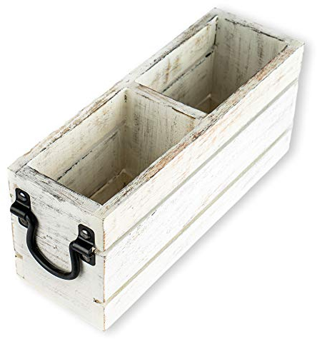 GoCraft Besteckkorb mit 2 Fächern, Besteck-Utensilien-Halter, Mehrzweck-Schreibtisch-Organizer für Desktop, Fernbedienungen, rustikales weißes Finish, Mangoholz Caddy mit Metallgriffen [CC0262-MI]