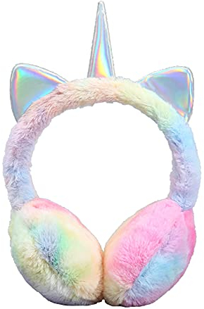 SEDEX Earmuffs for Girls Unicorn Ear Muff Winter Faux Fur Ear Warmers Adjustable Ear Cover with Cute Sequins Ears for Women Kids (Rainbow Colour-B)