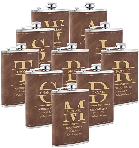 10 Pièces Flasques a Alcool Personnalisés, Flasques Whisky en Inox 304 8oz/227ml Personnalisables pour EVG, Flasque de Mariage Personnalisés pour les Garçons D'Honneur et les Témoins (Marron)