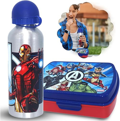 HOVUK Marvel Avengers - Set di 2 contenitori per il pranzo per bambini, borsa termica con borraccia in alluminio senza BPA da 500 ml, riutilizzabile, a prova di perdite, prodotto ufficiale per scuola