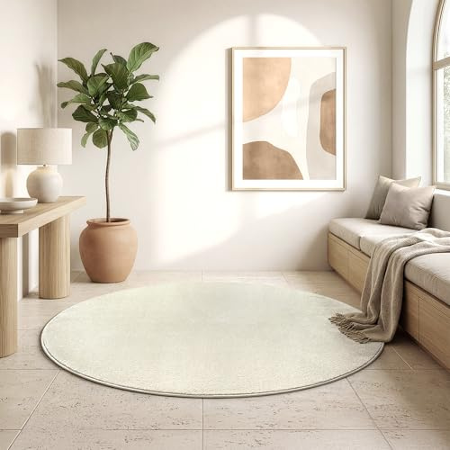 SANAT Kurzflor Teppich Wohnzimmer - Uni Modern Teppiche fürs Schlafzimmer, Arbeitszimmer, Büro, Flur, Kinderzimmer und Küche - Creme, 120 cm Rund