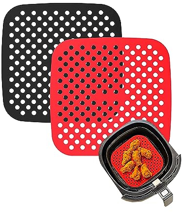 NK 2 Pezzi Tappetino Friggitrice ad Aria Riutilizzabili (Carta Forno Silicone) - AirFryer Liner, Antiaderente, Accessori per Friggitrice senza Olio, 1 Unità Rossa + 1 Nera (Quadrato, 19cm)