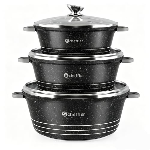 Scheffler Topfset mit Glasdeckel, 28cm,6L/32cm,10L, /36cm,14L, Kochtopf Set Induktions Töpfe Set, mit Antihaftbeschichtung, Töpfe kochtöpfe Induktion, Spülmaschinengeeignet, Schwarz RH-TG283236