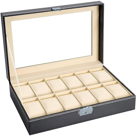 INTIRILIFE Uhrenschatulle mit 12 Steckplätzen Uhrenbox mit Glasdeckel in Schwarz - 30 x 20 x 8 cm - Präsentiervitrine zum Aufbewahren Transportieren und Vorführen von Uhren und Schmuck