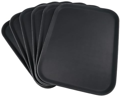 Grunwerg Non-Slip Rectangular Food and Drink Plastic Serving Tray with High Grip Rubber Surface, 45 x 35cm, Pack of 6, PN-1418/6, Black