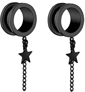 Mesnt 1 Paar Edelstahl Tunnel Set, Rund mit Kette und Sternanhänger Schmuck Ear Ohr Plugs Gauge